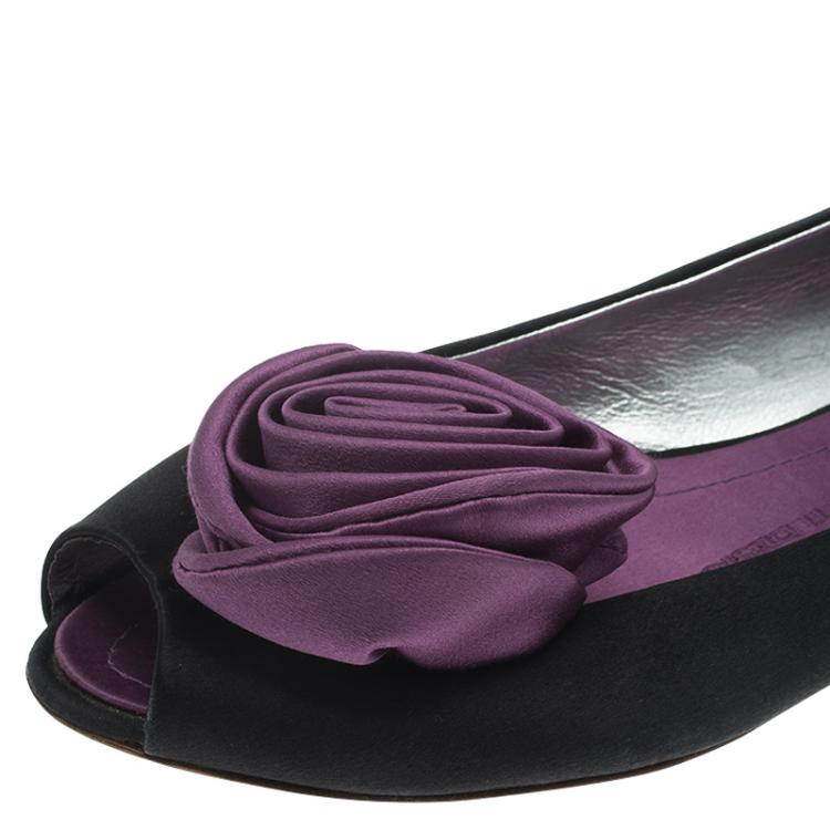Pre Owned Guissepe Zanotti Black and Purple Satin Rose Detail Peep Toe Ballet Flats Size 37