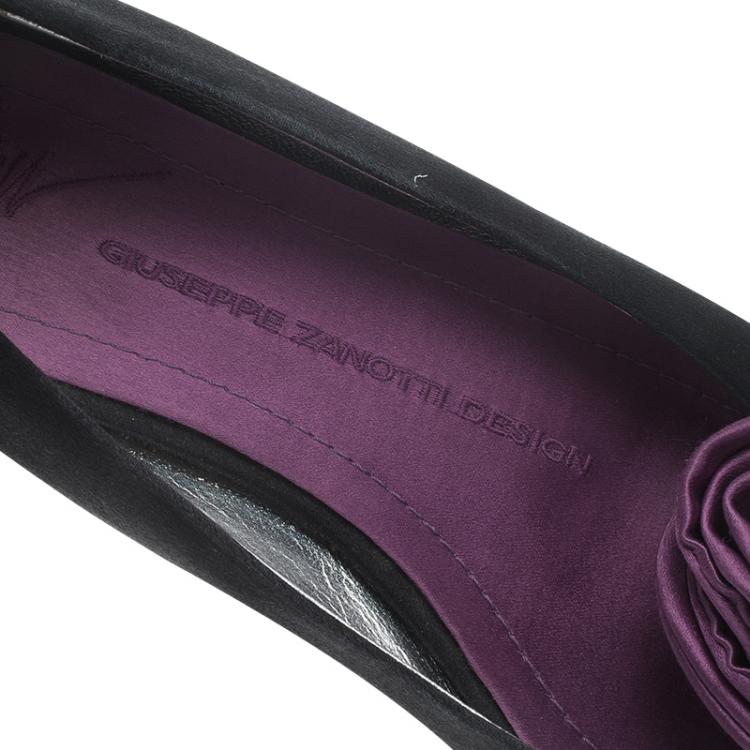 Pre Owned Guissepe Zanotti Black and Purple Satin Rose Detail Peep Toe Ballet Flats Size 37
