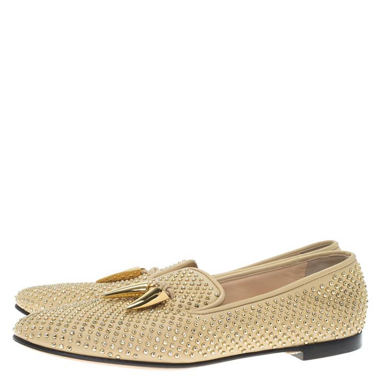 Pre Owned Giuseppe Zanotti Beige Studded Leather Lucia Shark Tooth Smoking Slippers Size 37