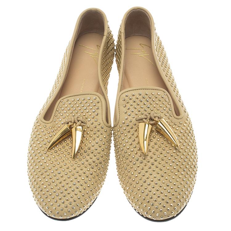 Pre Owned Giuseppe Zanotti Beige Studded Leather Lucia Shark Tooth Smoking Slippers Size 37