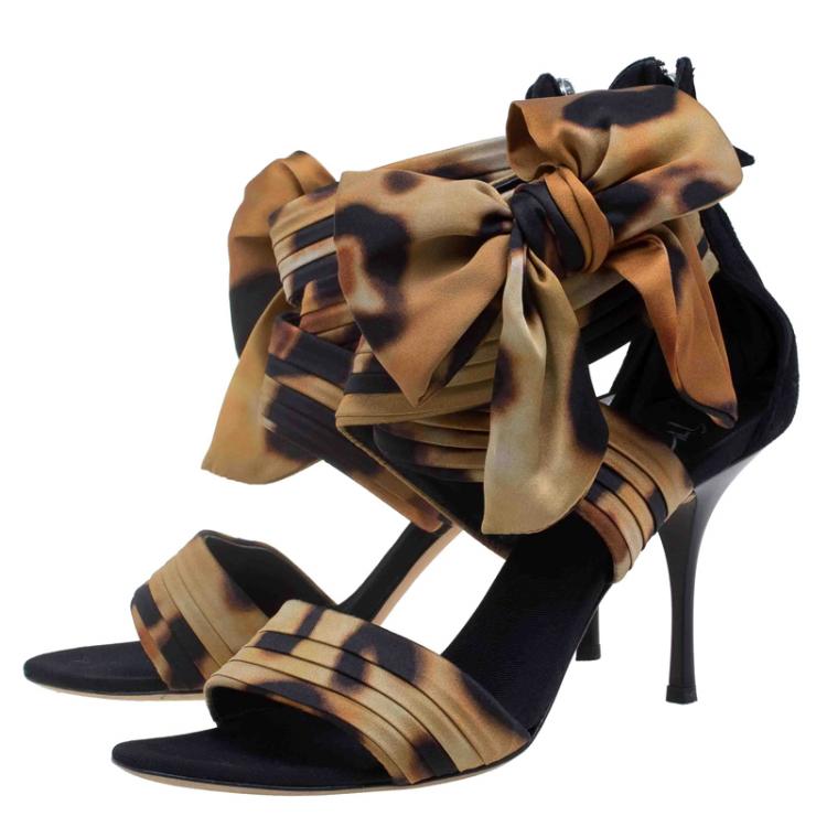 Pre Owned Giuseppe Zanotti Leopard Print Silk and Suede Bow Detail Sandals Size 40