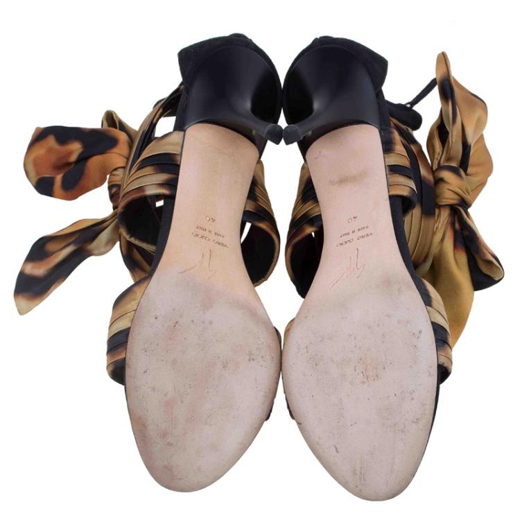Pre Owned Giuseppe Zanotti Leopard Print Silk and Suede Bow Detail Sandals Size 40