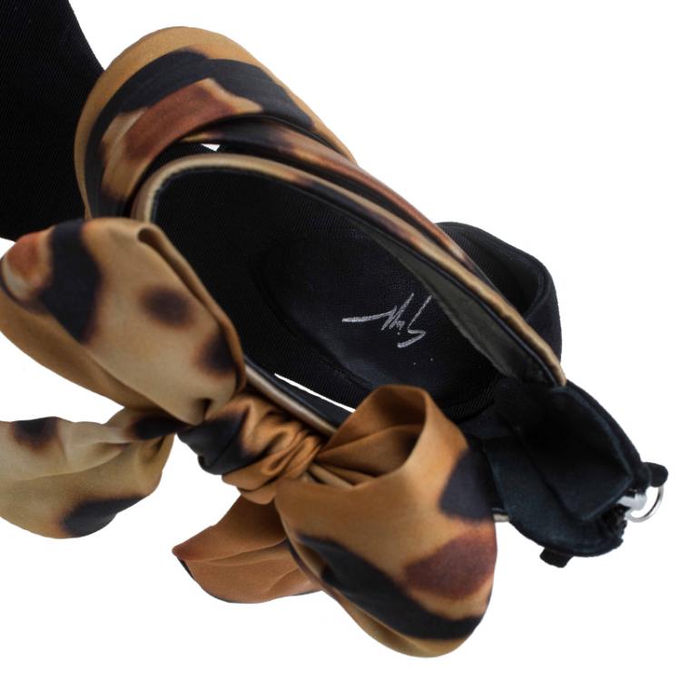 Pre Owned Giuseppe Zanotti Leopard Print Silk and Suede Bow Detail Sandals Size 40