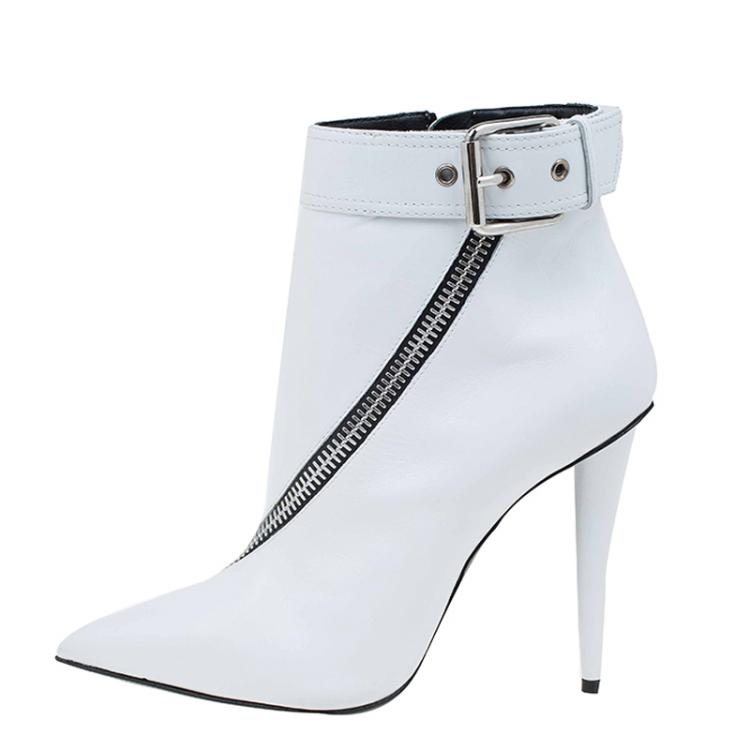 Pre Owned Giuseppe Zanotti White Leather Asymmetrical Zip Ankle Boots Size 37.5
