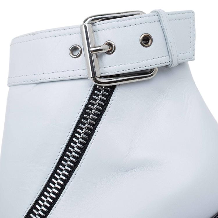 Pre Owned Giuseppe Zanotti White Leather Asymmetrical Zip Ankle Boots Size 37.5