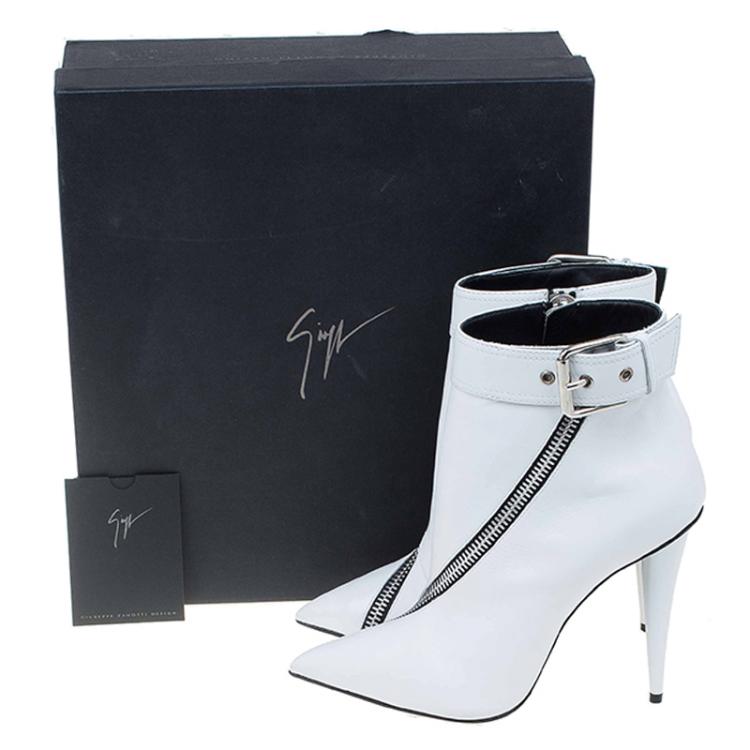 Pre Owned Giuseppe Zanotti White Leather Asymmetrical Zip Ankle Boots Size 37.5