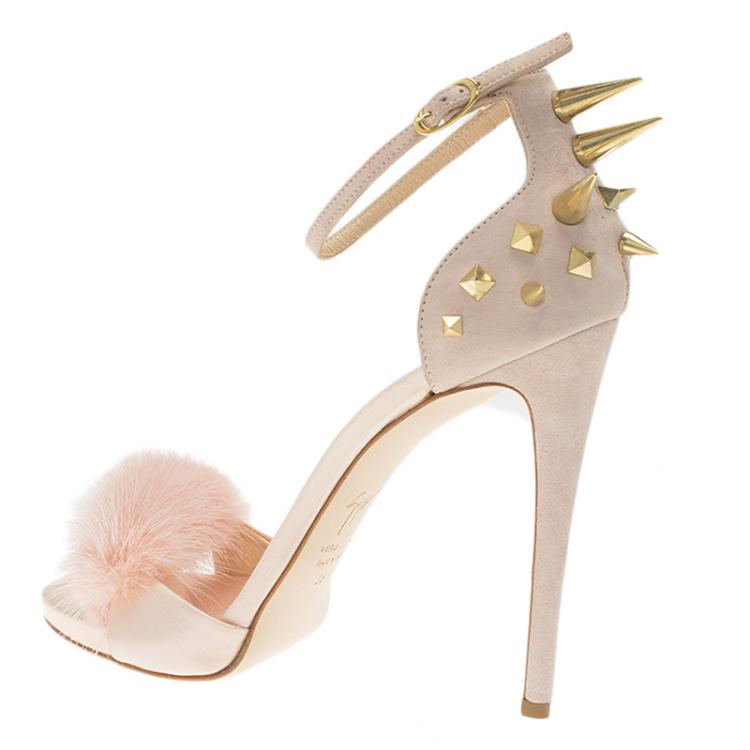 Pre Owned Giuseppe Zanotti Light Pink Suede and Fur Spiked Ankle Strap Sandals Size 39