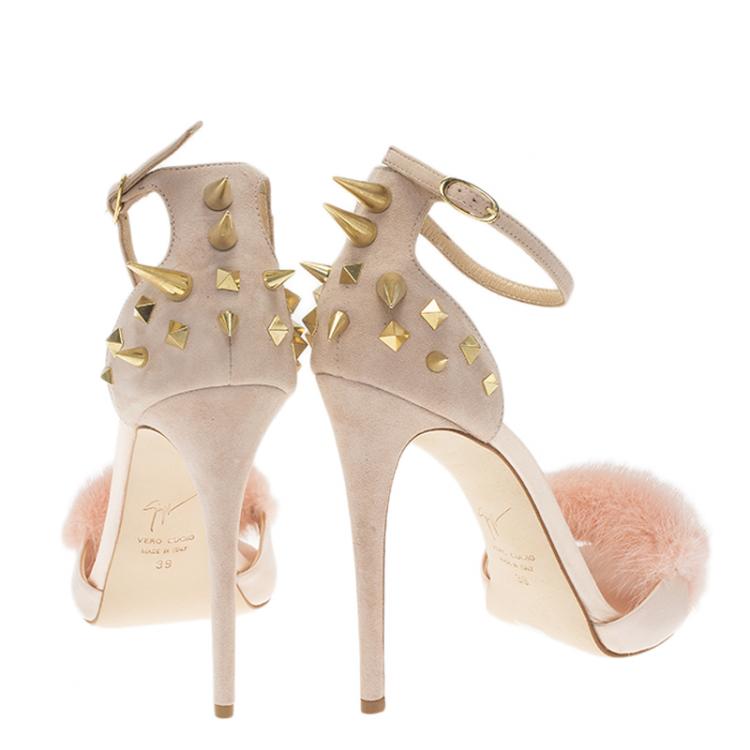 Pre Owned Giuseppe Zanotti Light Pink Suede and Fur Spiked Ankle Strap Sandals Size 39