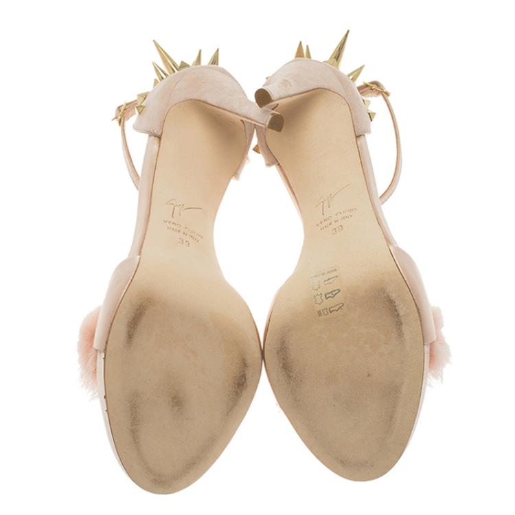 Pre Owned Giuseppe Zanotti Light Pink Suede and Fur Spiked Ankle Strap Sandals Size 39