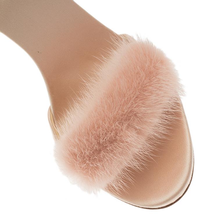 Pre Owned Giuseppe Zanotti Light Pink Suede and Fur Spiked Ankle Strap Sandals Size 39