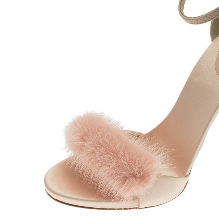 Pre Owned Giuseppe Zanotti Light Pink Suede and Fur Spiked Ankle Strap Sandals Size 39