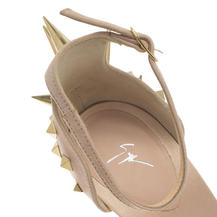 Pre Owned Giuseppe Zanotti Light Pink Suede and Fur Spiked Ankle Strap Sandals Size 39