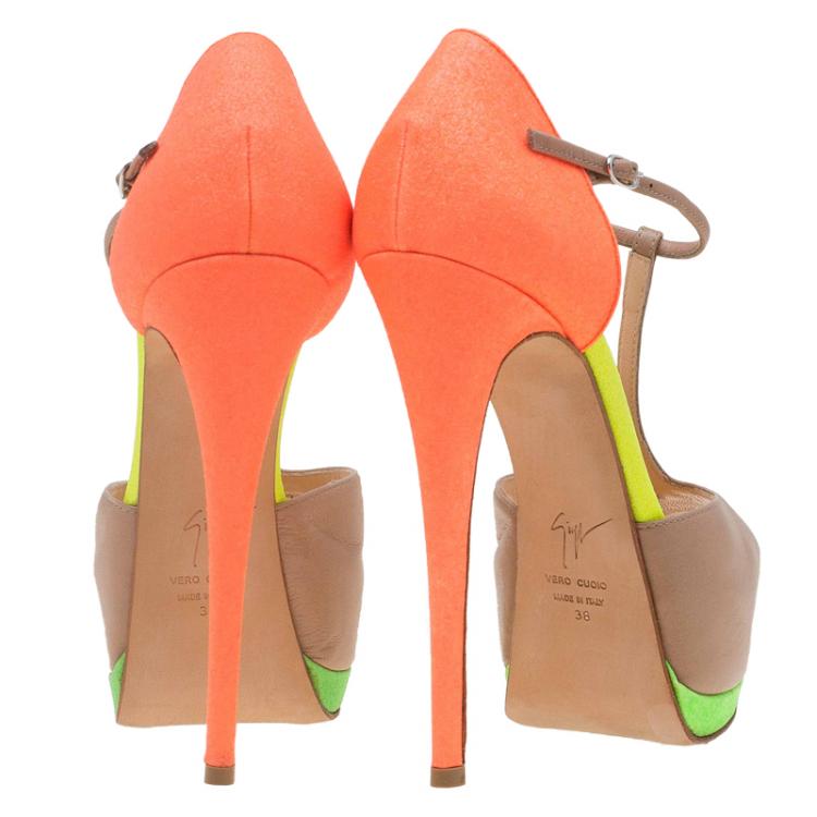 Pre Owned Giuseppe Zanotti Multicolor Leather and Glitter Fabric T Strap Platform Pumps Size 38