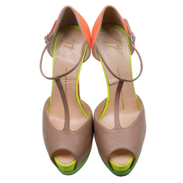 Pre Owned Giuseppe Zanotti Multicolor Leather and Glitter Fabric T Strap Platform Pumps Size 38