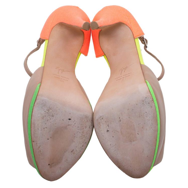 Pre Owned Giuseppe Zanotti Multicolor Leather and Glitter Fabric T Strap Platform Pumps Size 38