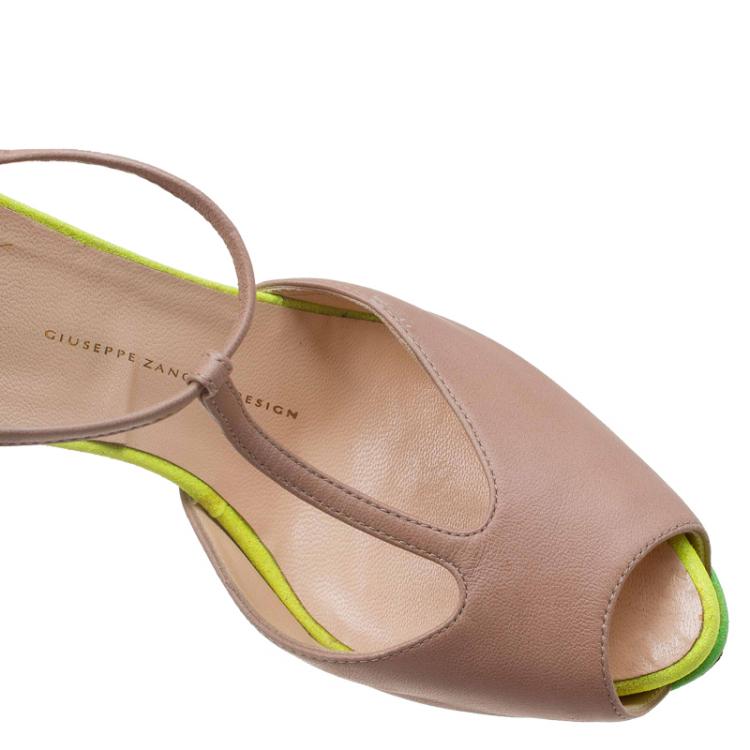 Pre Owned Giuseppe Zanotti Multicolor Leather and Glitter Fabric T Strap Platform Pumps Size 38