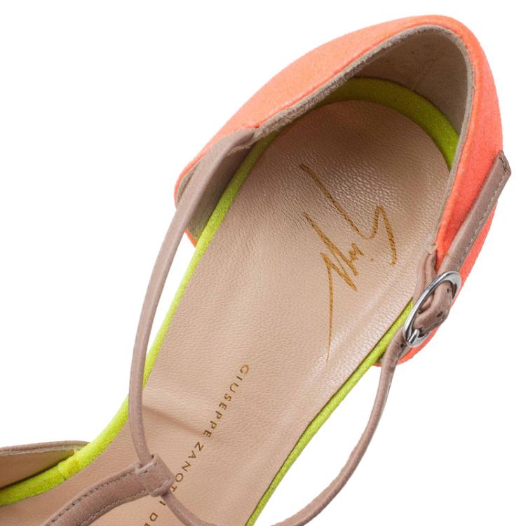 Pre Owned Giuseppe Zanotti Multicolor Leather and Glitter Fabric T Strap Platform Pumps Size 38