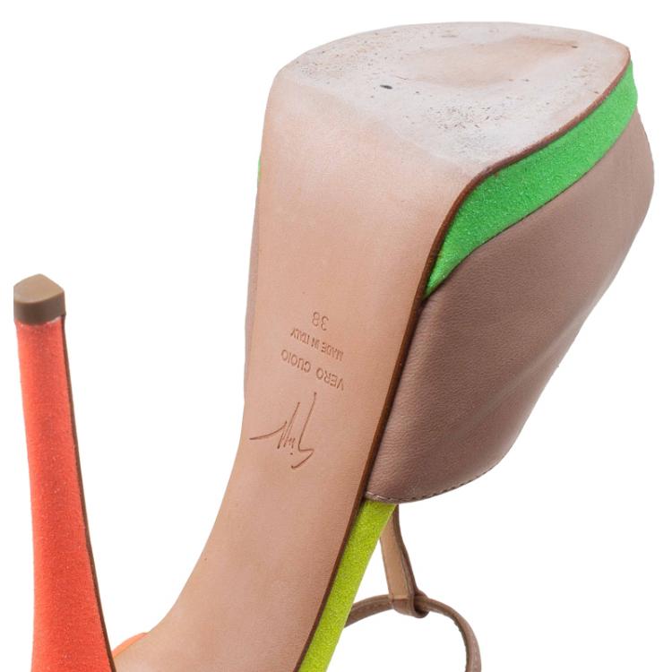 Pre Owned Giuseppe Zanotti Multicolor Leather and Glitter Fabric T Strap Platform Pumps Size 38