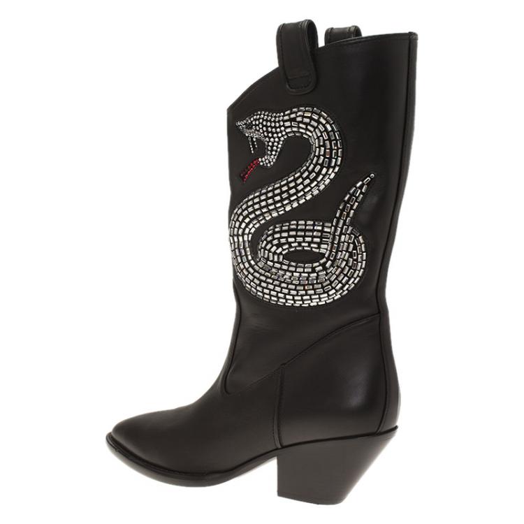 Pre Owned Giuseppe Zanotti Black Snake Embellished Leather Guns 55 Cowboy Boots Size 38.5