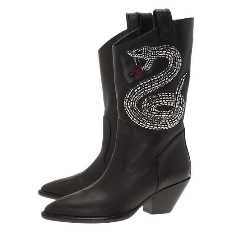 Pre Owned Giuseppe Zanotti Black Snake Embellished Leather Guns 55 Cowboy Boots Size 38.5
