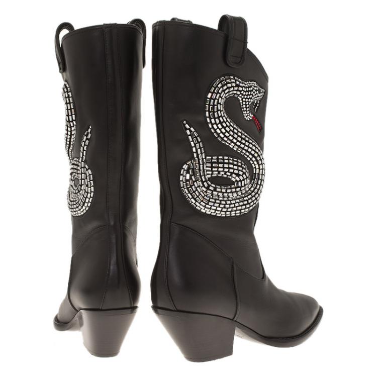 Pre Owned Giuseppe Zanotti Black Snake Embellished Leather Guns 55 Cowboy Boots Size 38.5