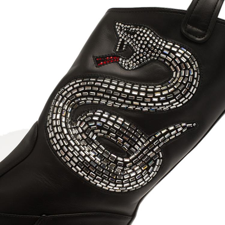 Pre Owned Giuseppe Zanotti Black Snake Embellished Leather Guns 55 Cowboy Boots Size 38.5