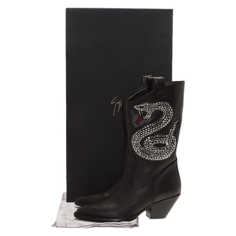 Pre Owned Giuseppe Zanotti Black Snake Embellished Leather Guns 55 Cowboy Boots Size 38.5