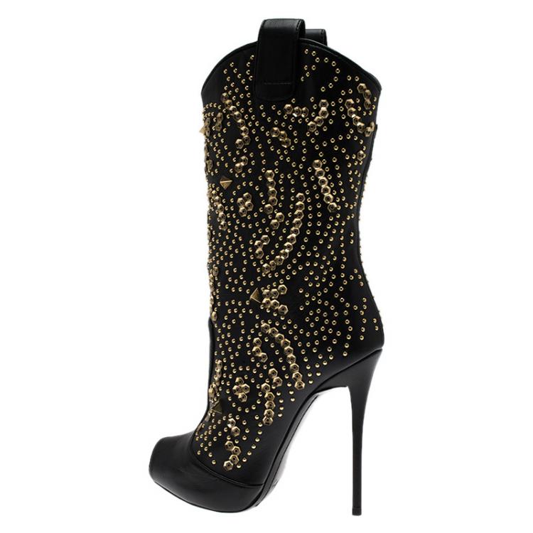 Pre Owned Giuseppe Zanotti Black Studded Leather Coline Peep Toe Mid Calf Boots Size 36