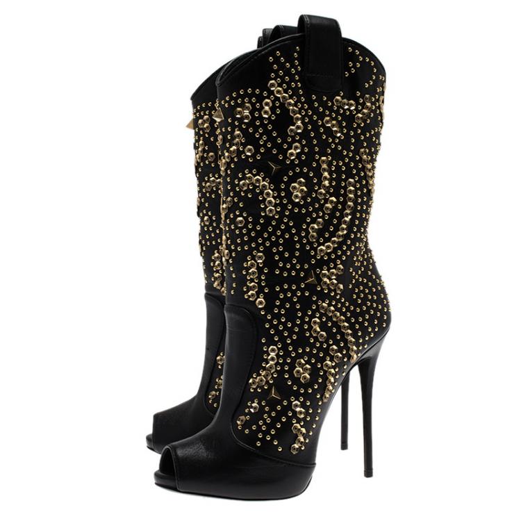 Pre Owned Giuseppe Zanotti Black Studded Leather Coline Peep Toe Mid Calf Boots Size 36
