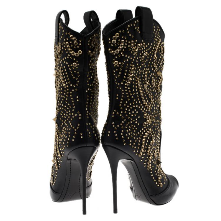 Pre Owned Giuseppe Zanotti Black Studded Leather Coline Peep Toe Mid Calf Boots Size 36