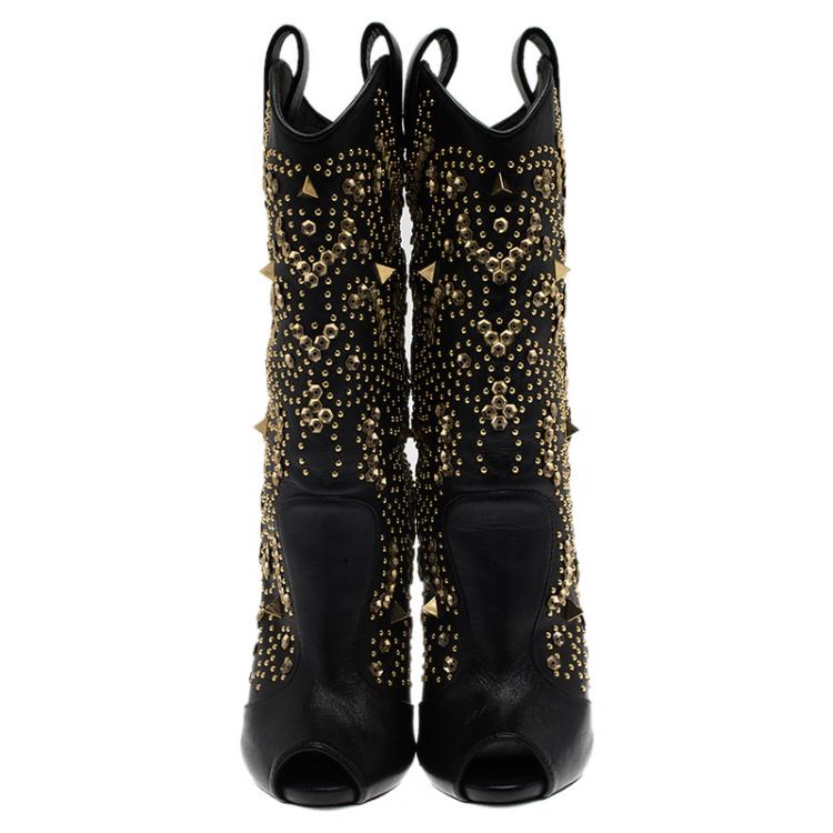 Pre Owned Giuseppe Zanotti Black Studded Leather Coline Peep Toe Mid Calf Boots Size 36
