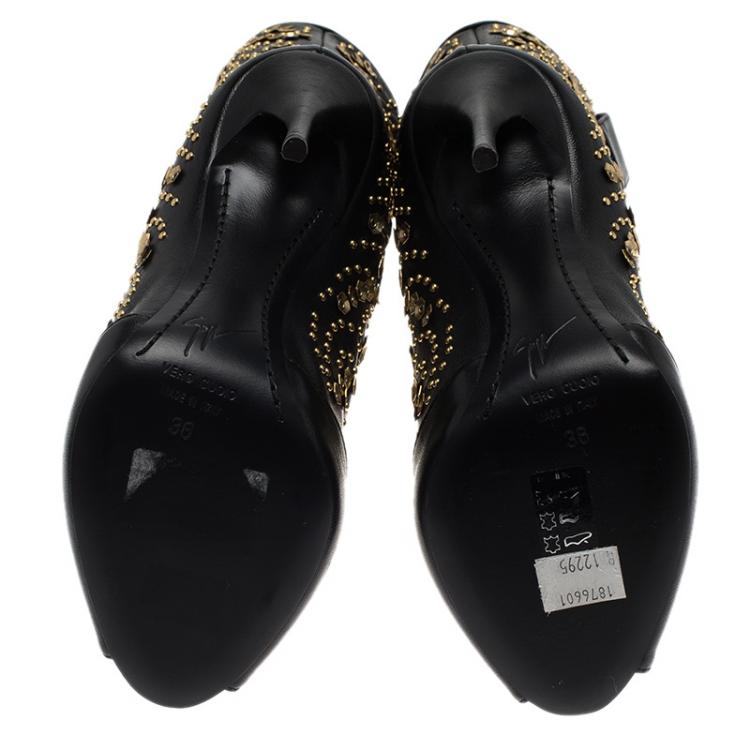 Pre Owned Giuseppe Zanotti Black Studded Leather Coline Peep Toe Mid Calf Boots Size 36