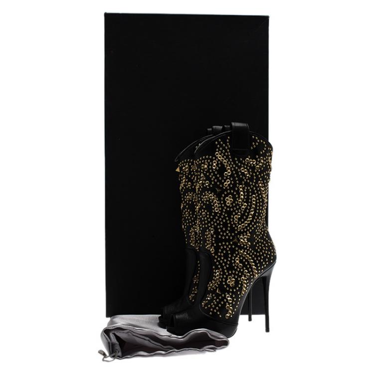 Pre Owned Giuseppe Zanotti Black Studded Leather Coline Peep Toe Mid Calf Boots Size 36
