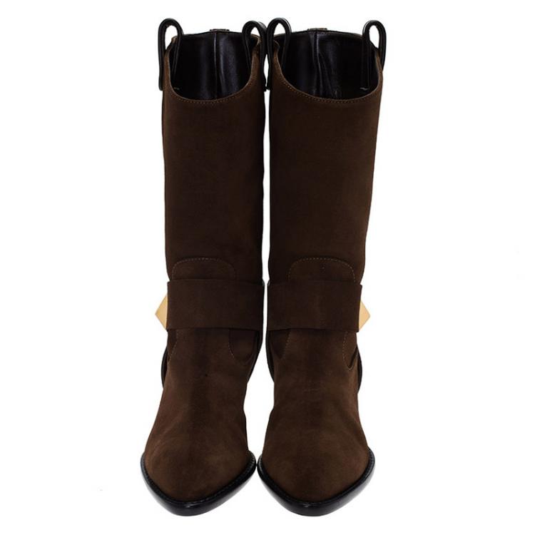Pre Owned Giuseppe Zanotti Brown Suede Pyramid Stud Cowboy Boots Size 38.5