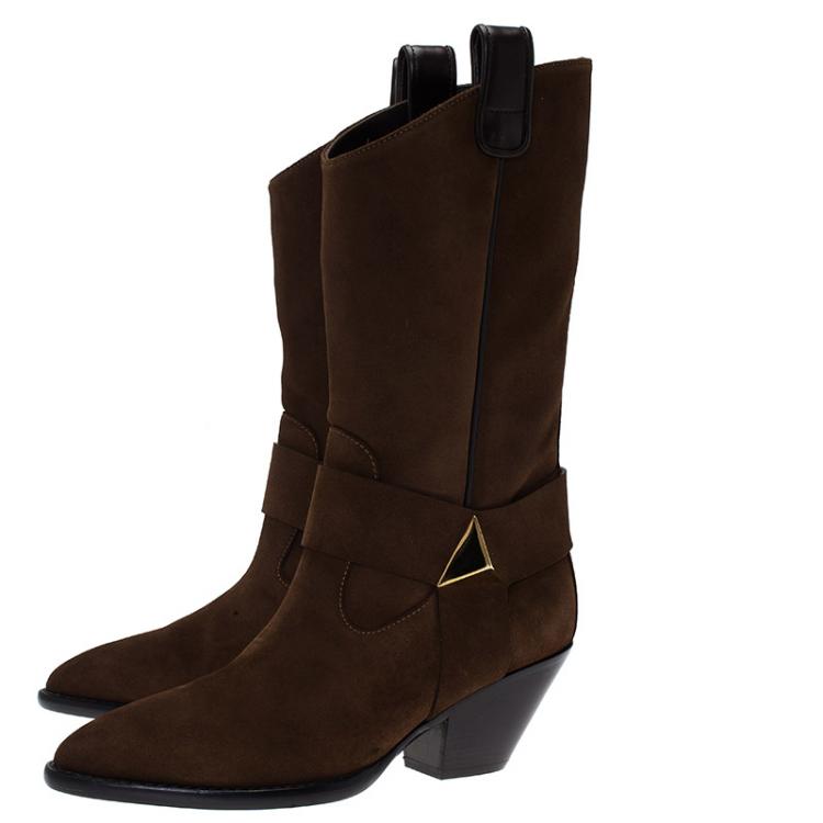 Pre Owned Giuseppe Zanotti Brown Suede Pyramid Stud Cowboy Boots Size 38.5