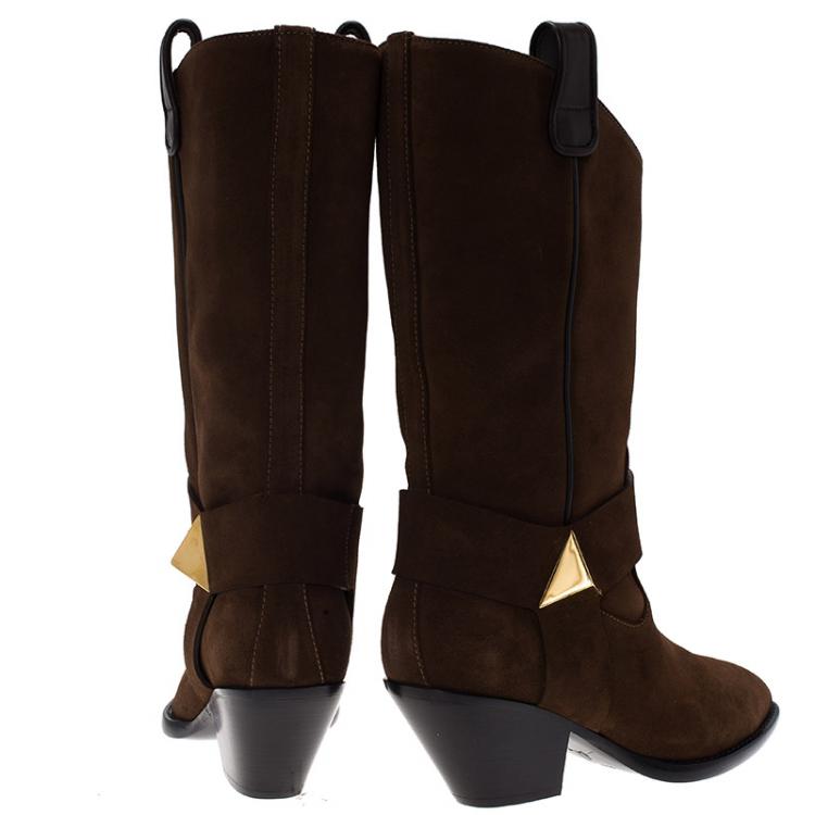 Pre Owned Giuseppe Zanotti Brown Suede Pyramid Stud Cowboy Boots Size 38.5
