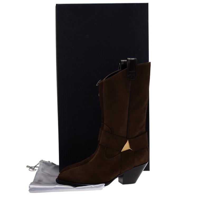 Pre Owned Giuseppe Zanotti Brown Suede Pyramid Stud Cowboy Boots Size 38.5
