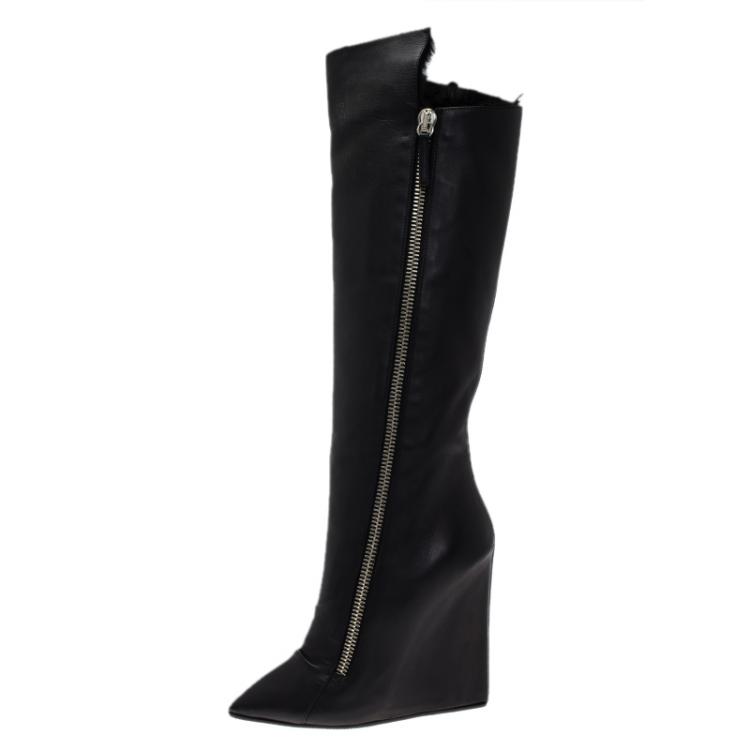 مملوكة مسبقًا Giuseppe Zanotti Black Leather and Fur Lining Guaz Knee Boots Size 38