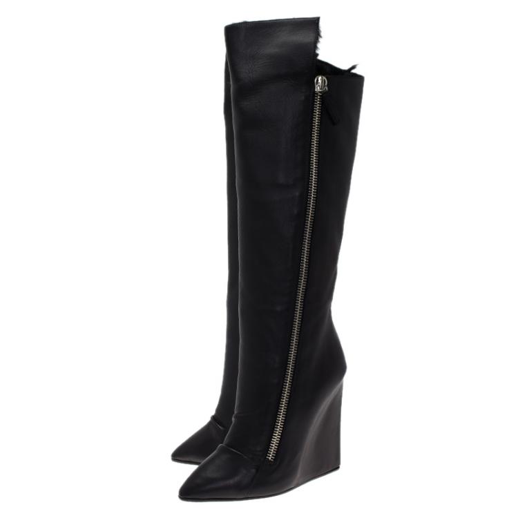 مملوكة مسبقًا Giuseppe Zanotti Black Leather and Fur Lining Guaz Knee Boots Size 38