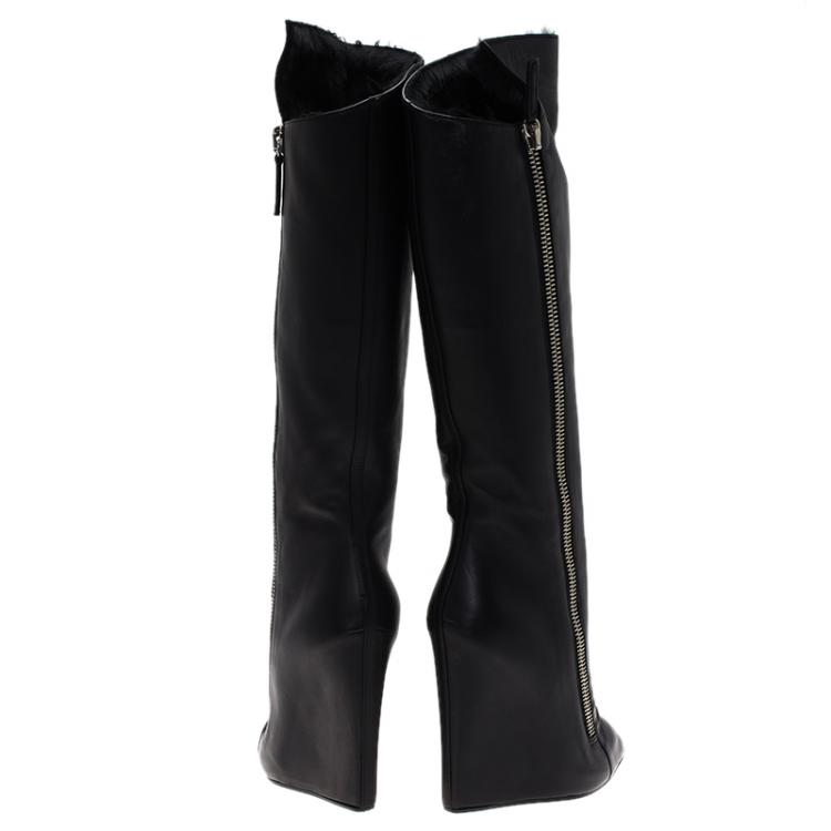 مملوكة مسبقًا Giuseppe Zanotti Black Leather and Fur Lining Guaz Knee Boots Size 38