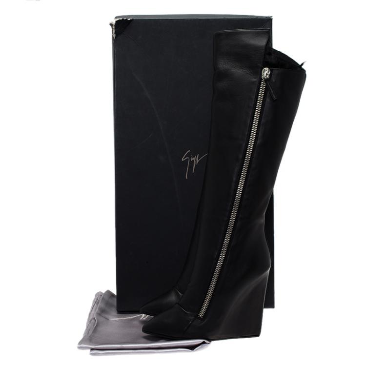 مملوكة مسبقًا Giuseppe Zanotti Black Leather and Fur Lining Guaz Knee Boots Size 38