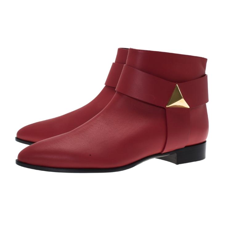 Pre Owned Giuseppe Zanotti Red Leather Pyramid Stud Ankle Boots Size 41