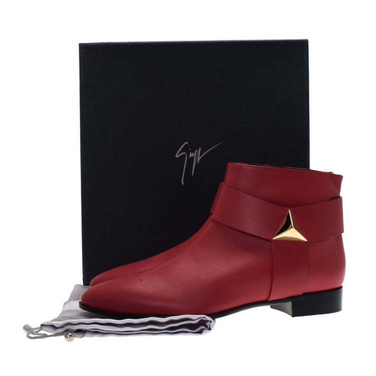 Pre Owned Giuseppe Zanotti Red Leather Pyramid Stud Ankle Boots Size 41