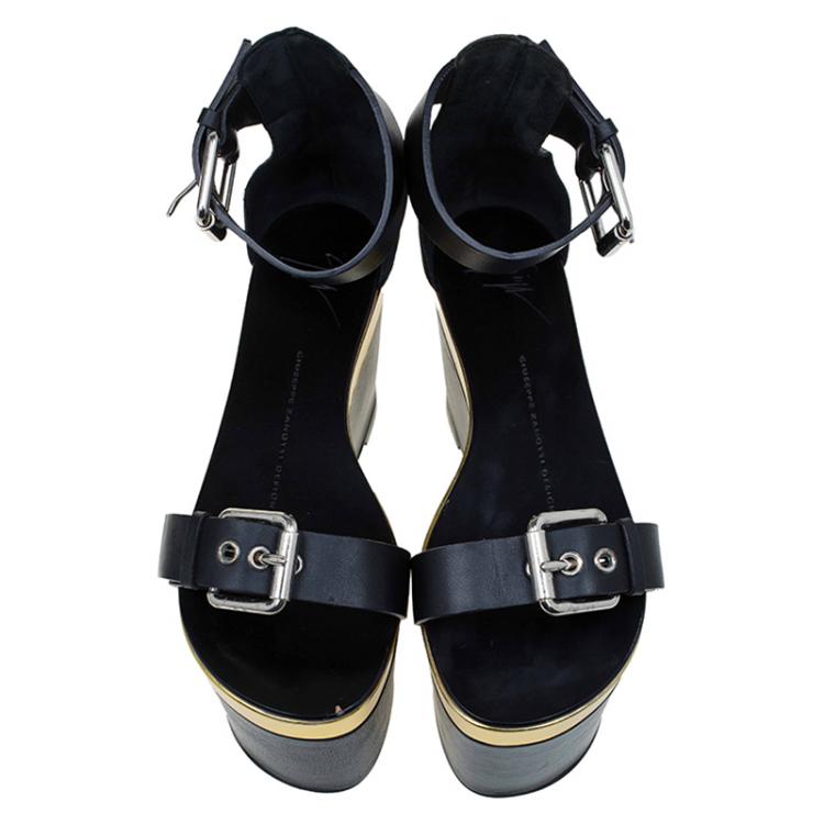 Pre Owned Giuseppe Zanotti Black Leather Ankle Strap Platform Sandals Size 36