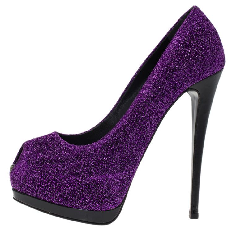 Pre Owned Giuseppe Zanotti Purple Glitter Fabric Peep Toe Platform Pumps Size 37.5