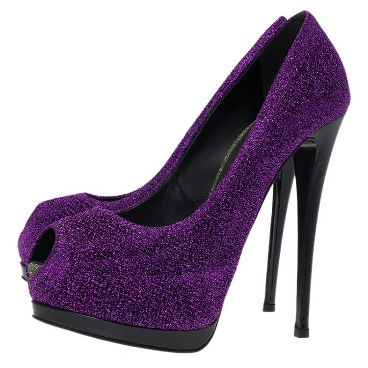 Pre Owned Giuseppe Zanotti Purple Glitter Fabric Peep Toe Platform Pumps Size 37.5