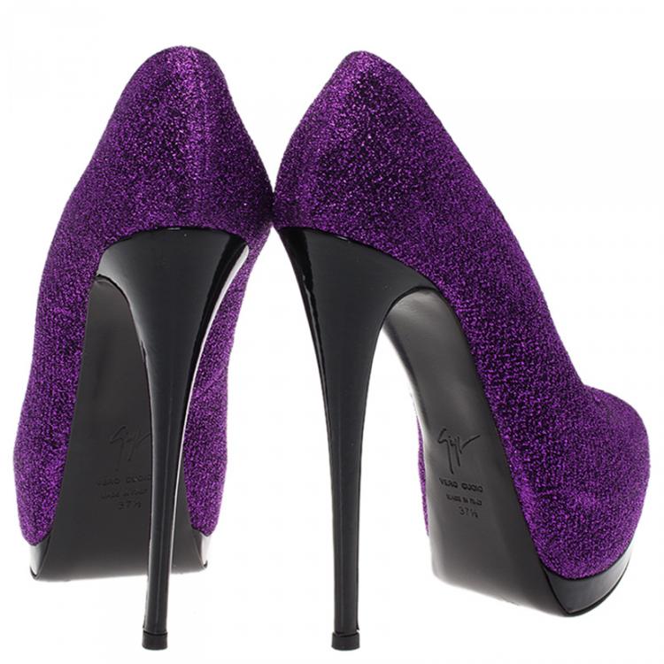 Pre Owned Giuseppe Zanotti Purple Glitter Fabric Peep Toe Platform Pumps Size 37.5