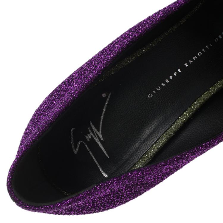 Pre Owned Giuseppe Zanotti Purple Glitter Fabric Peep Toe Platform Pumps Size 37.5