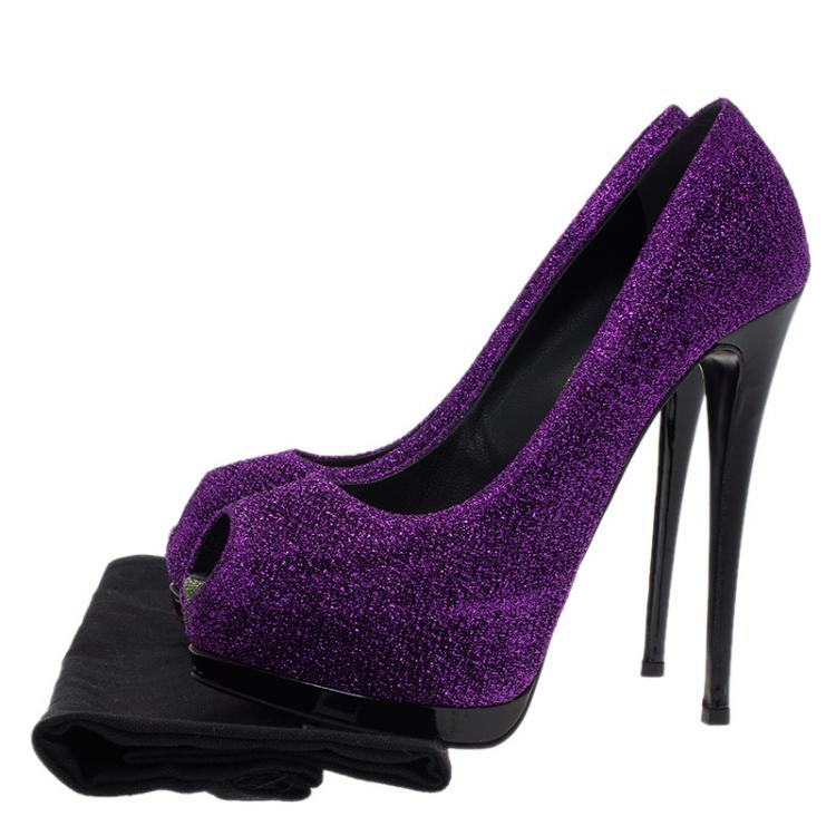 Pre Owned Giuseppe Zanotti Purple Glitter Fabric Peep Toe Platform Pumps Size 37.5