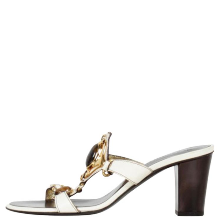 Pre Owned Giuseppe Zanotti White Embellished Leather Slides Size 38.5